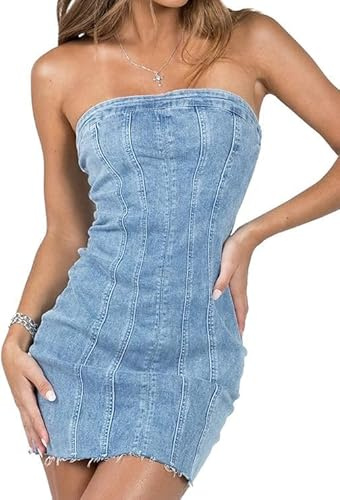 Fronage Women's Summer Sexy Denim Strapless Dresses Jeans Corset Tube Backless Bodycon Top Mini Dress Western Cowgirl 2025 Light Blue, L