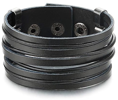 COOLSTEELANDBEYOND Breiten Leder Armband Schwarz, Herren Damen Multi-Strang Leder Schweißband Armband mit Snap Taste, Minimalistischen