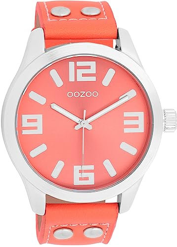 Oozoo Timepieces Damen Uhr in Silber/Koralle - Armbanduhr Damen mit Lederarmband | Hochwertige Uhr für Frauen - Edle Analog Damenuhr in rund C1073