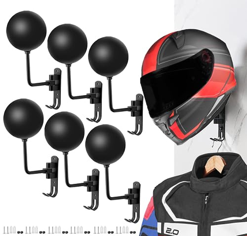 SANGMO 6 Pack 180° Motorrad Helmhalter Wandhalterung, Rotation Metall Helmständer, Helmhalter Fahrrad mit 2 Haken Helmaufhänger für Motorrad Fahrrad Mäntel, Mützen, Baseballs, Rugby Helm (Schwarz)