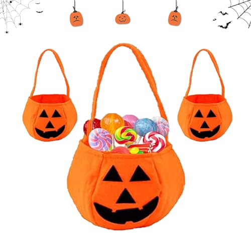 3 Stück Hallo-ween Kür-bis Candy Bag, Kürbis Sammeltasche,Kürbis Tasche, Halloween Süßigkeits Tasche, Trick or Treat Tasche, für Halloween Party Decor