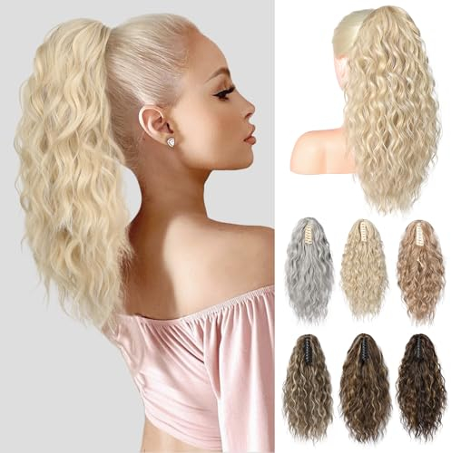 BRIKABIA Ponytail Extension Pferdeschwanzverlängerung Haarteil mit Klammer, Lange, Gewellte, Lockige Pferdeschwanz Haarteil Clip in Haarverlängerung für Frauen, 40cm, kühles Blond