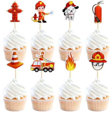 MiaLover 32Pcs Feuerwehrmann Thema Cupcake Toppers Feuerwehrauto Cupcake Feuerwehrmann Tischdekoration für Kinder Junge Geburtstag Party Supplies