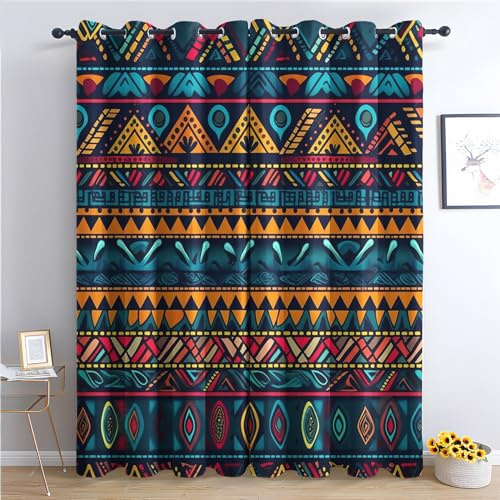 SZLYZM Ethno Boho Vorhänge, Verdunklungsvorhänge mit Muster Vintage, Vorhang Blickdicht mit Ösen, Gardinen für Wohnzimmer Schlafzimmer Kinderzimmer Deko 2er Set - 137x117 (H X B) (Qw-&58)