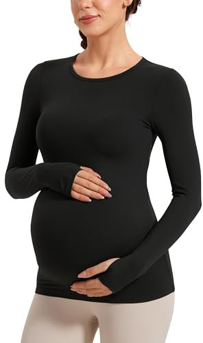 CRZ YOGA Women's Butterluxe Maternity Long Sleeve Top Pregnancy Clothes Crewneck Basic Shirts Soft Athletic Yoga Casual Tee Shirt Black 12