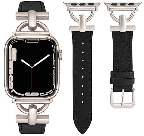 Wearlizer Leather Band Compatible with Apple Watch Strap Women 42mm 44mm 45mm 49mm Ultra 2, Dressy Fancy Leather Strap for iWatch Bands Series 9 8 SE 7 6 5 4 3 2 1 Black/Starlight Buckle