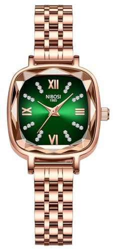 NIBOSI Damen-Armbanduhr Damenuhr Analog grünes Zifferblatt Armbanduhr für Damen luxuriös Diamant Roségold Edelstahl Quadratuhr Mädchen Schmuckarmband
