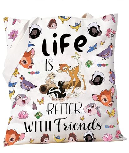 PXTIDY Bambi Tragetasche mit Hirsch und Freunden, Life Is Better With Friends, Reisetasche, Tiermotiv, magisches Königreich, Geschenk, Hirsch, Film-Fans, Geschenk, beige, Medium