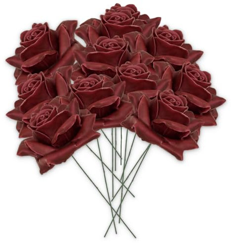 Kunstrosen-Blüten mit Stiel als künstliche Deko-Rosen aus Wachs - 10 bordeaux rote Rosenblüten wie echt für Blumengestecke Blumen-Dekoration - Wachsrosen als Kunstrosen Friedhof Grabschmuck