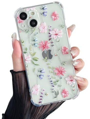 DEFBSC Case for iPhone 15, Cute Clear Floral Flower Pattern Design for Girls Women Slim Fit Shockproof Soft TPU Bumper Protective Cover - Pink