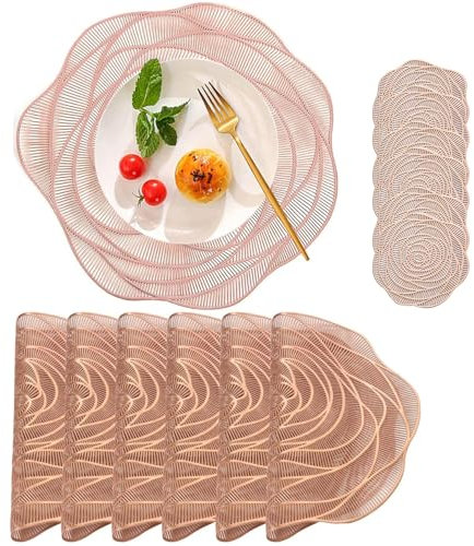 SIPLIV Round Placemats Pressed Vinyl Metallic Rose Placemats and Coasters Set of 12 Pcs, Heat Resistant Table Mats for Wedding Party Kitchen Decorations - Rose Gold