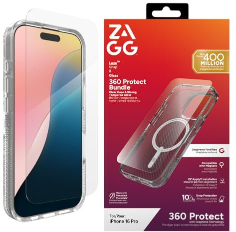 ZAGG Luxe Snap & Glass 360 Graphene-Reinforced Case with Tempered Glass Screen Protector for iPhone 16 Pro [6.3-Inch], MagSafe Compatible, Anti-Yellowing, Shockproof Phone Back Cover (Transparent)