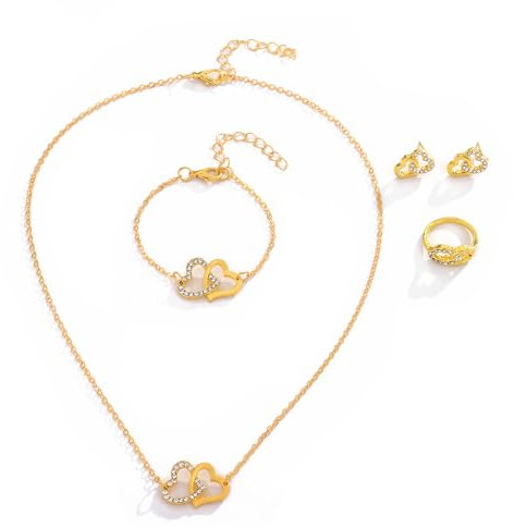 FDEETY Schmuckset Damen Doppelt Herz Kristall Anhänger Halskette Ohrstecker Armband Ringe Schmuck Set Brautschmuck Geschenke für Mädchen Hochzeit Engagement Party (Gold)