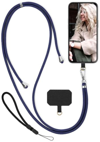 moex Unleash für Xiaomi Mix Flip Handyband zum Umhängen ohne Hülle, Handykette Universal mit Karabiner, Handy Band abnehmbar, Kette mit Pad für Handyhülle, Blau, Silber