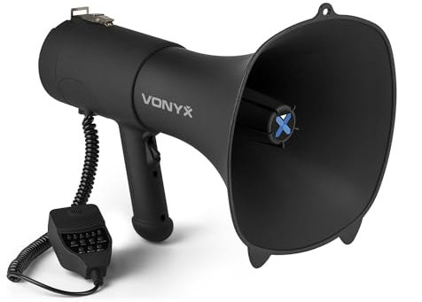 Vonyx MEG090 Akku Megafon mit Sirene und Mikrofon, Bluetooth, Aufnahmefunktion, Leistungsstarkes 90W Megaphon mit Mikrofon, bis 1400 Meter, USB, SD, MP3 & AUX, Megaphon mit Umhänge-Gurt, Schwarz