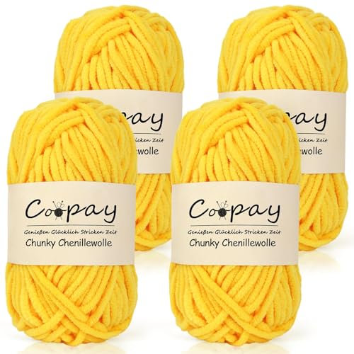 Coopay Wolle zum Häkeln,4 x 50g Chunky Wolle zum Häkeln Dickes Garn, Flauschige Dick Wolle zum Handstricken, Goldgelb