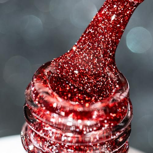 BURANO Red Reflective Glitter Gel Nail Polish, UV LED 7.3ml Sparkle Nail Polish Holographic Glitter Gel Curing Need for DIY Home S26