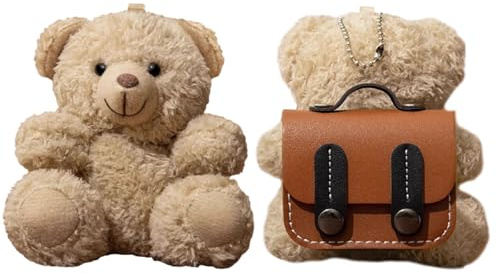 QoKcoahn Niedliche Cartoon-Plüschhülle für AirPods 1 & 2, 3D Kawaii Flauschiger Schulranzenbär, weiche Silikonhülle mit Schlüsselanhänger, cool und lustig