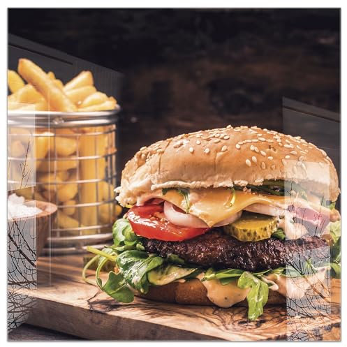 timalo Küchenbild aus Acrylglas modernes Wandbild Glasbild Deko Küche XXL Bild wie Glas | 60x60cm Hamburger, Burger mit Pommes, Essen