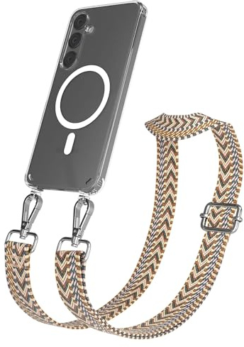 EAZY CASE Handykette - Verstellbares Taschenband kompatibel mit Galaxy S24 Plus, Schulterriemen, Handykordel mit Silikon Hülle, Qi Charging kompatibel, Umhängetasche, Braun Silber