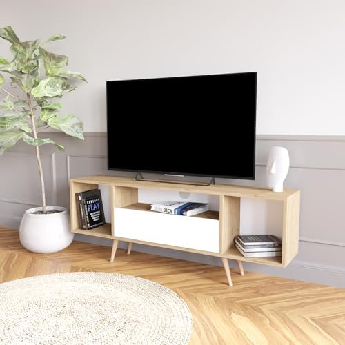 Bimossa TV Stand Cabinet-150 cm, Wooden, For 55-60 Inch TVs, Modern TV Cabinet with Drawer & Open Shelves, Minimalist TV Stand for Living Room, Stylish TV Unit (Oak,Rima)