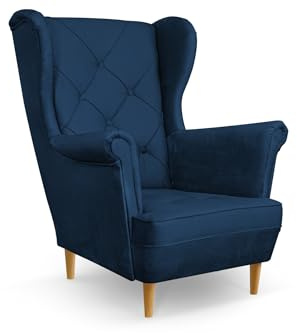COMFORTINO FURNITURE Ohrensessel Sessel Bello - Sessel mit Armlehnen - Retro Stuhl aus Stoff mit Holz Füßen - Polsterstuhl für Wohnzimmer Armlehnensessel Relaxsessel Loungesessel (Blau)