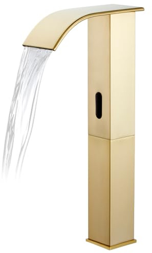 CDLODIN Grifo de baño sin contacto, sensor automático, grifo dorado de cuerpo alto con caja de control, grifo de tocador de acero inoxidable de cascada moderno de un solo agujero y mezclador de