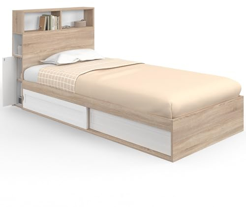 IDMarket - Einzelbett Clem mit Stauraum, Kopfteil und Lattenrost 90 x 190 cm Buche und Weiß