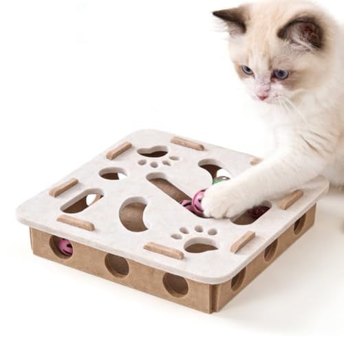 Kaseremy Katze interaktive Puzzle Spielzeug, Filz Labyrinth Katzenspielzeug Selbstbeschäftigung Ball mit Glocken für Indoor-Katzen Kätzchen Erwachsene (Beige)