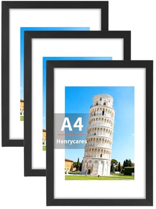 Henrycares 3er Set Bilderrahmen A4, Schwarz Rahmen DIN A4 für 21x29,7 cm, Picture Frame Fotorahmen für Fotos, Bilder, Poster