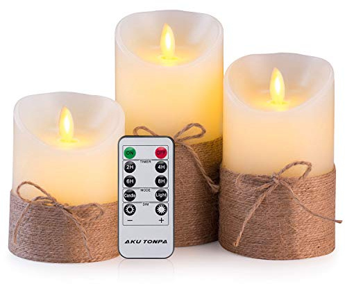 Aku Tonpa Flameless Candles Battery Operated Pillar Real Wax Flickering Moving Wick Electric LED Candle Set with Remote Control Cycling 24 Hours Timer, Pack of 3 (Ivory Wax with Hemp Rope)