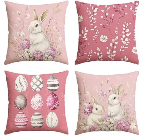 Artoid Mode Rosa Hortensie Hasen Blätter Ostereier Ostern Kissenbezüge 4er Set, 45x45 cm Easter Zierkissenbezug Cushion Cover Couch Wohnzimmer Deko