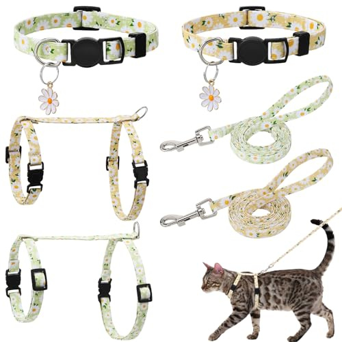 Smivyhp 2 Stück Katzengeschirr und Leine Set mit Gänseblumen Muster | Ausbruchsicher Verstellbar Katzengeschirr Halsbändern für Spaziergänge, Reisen und Training