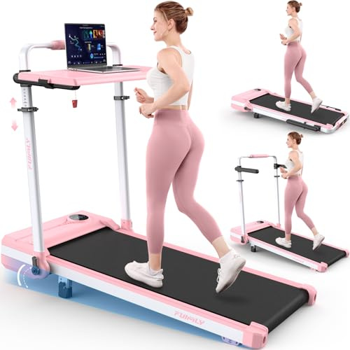 Tapis de Course Pliable Inclinable avec Bureau, Tapis de Marche Inclinaison 9%, avec Barre, Capacité 136 kg+, Bureau Réglable en Hauteur et Amovible, Compact, Moteur 3,5 CV, pour Maison/Bureau