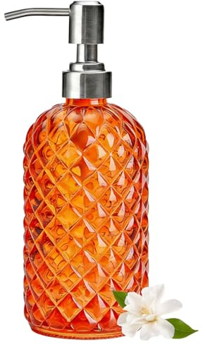 Glass Soap Dispenser Orange - 350ml/ 16 Oz Hand Soap Dispenser with Rustproof Stainless Steel Pump Liquid Hand Jar Refillable Glass Bottle for Bathroom Countertop Kitchen Laundry Room