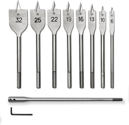 Soul-Cats Juego de 10 brocas fresadoras planas para madera (6 – 32 mm) con extensión de 300 mm, juego de brocas para madera con vástago hexagonal (1/4 pulgadas), broca plana para destornillador