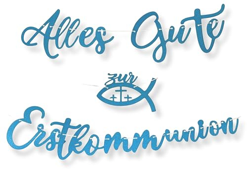 LowCarbonLife Erstkommunion Girlande „Alles Gute zur Erstkommunion mit Fisch-Motiven – Glitzer Hängedeko Banner – Kommunionsdeko Erstkommunion Deko für Jungen & Mädchen (Blau A)