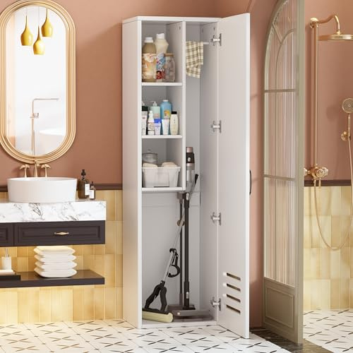 MSFE Broom Closet Storage Cabinet 40cm Cleaning Supplies Closet with Door and Hanging Rod for Brooms and Mops Cleaning Tool Cabinets for Laundry Room Garage Bathroom Vacuum Cleaner Cabinet 160x40x30cm