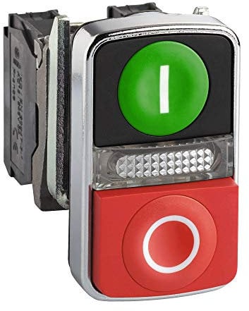 Schneider Electric XB4BW73731M5 Pulsador Diámetro 22, Dos Accionadores, Retorno Resorte, Luz Blanca, 240 V- IP66, Verde y Rojo