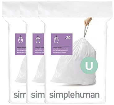 simplehuman CW0265 code U Custom Fit Bin Liner Bulk Pack, White Plastic (3 Pack of 20, Total 60 Liners)