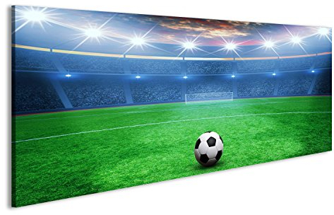 islandburner Bild Bilder auf Leinwand Fußballkugel auf grünem Stadion, Arena in der Nacht belichtete helle Scheinwerfer Wandbild, Poster, Leinwandbild JYZ