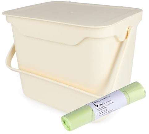 Easy Eco 5L Cream Kitchen Compost Caddy/Food Bin & 50x 5L Compostable Bags