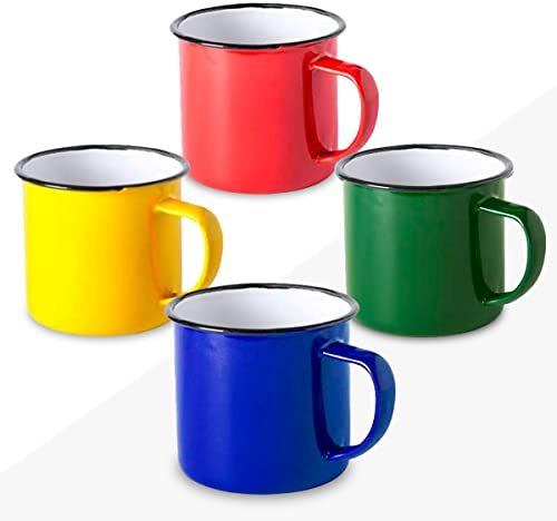 FUN FAN LINE - Set di tazze smaltate 350ml caffè/tè/calde/fredde, Mug vintage da campeggio, picnic o viaggio, Design retrò colori pieni, Leggero, portatile e resistente. (Multicolore 2, 4 tazze)