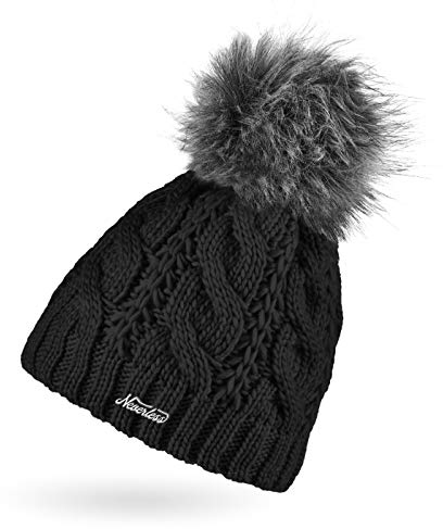 Neverless® Damen Strick-Mütze gefüttert mit Fleece Grobstrick Zopfmuster Fell-Bommel Kunstfell Bommelmütze schwarz