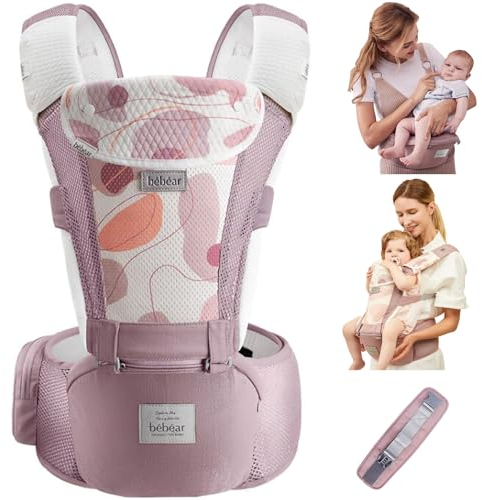 Bebear Babytrage,Bebamour Babytrage für 0-36 Monate, 3D Air Mesh Babytrage Rucksack für Neugeborene bis Kleinkinder,ergonomischer 6 in 1 Fronttrage (3D Air Pink with Designed)