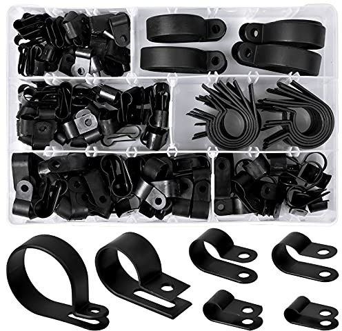 NiceLand 200 Pièces Pinces en Plastique en Nylon R Clips Colliers de Fixation de Tubes, 6 Tailles 3/16'' 1/4'' 3/8'' 1/2'' 3/4'' 11/8'' Attaches pour Conduits, Câbles, Gaines (Noir)