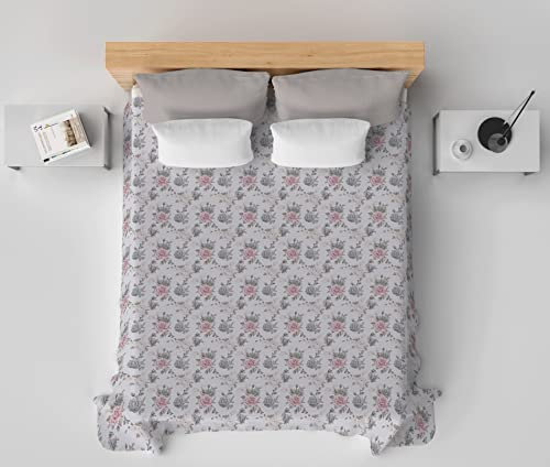 HomeLife Copriletto Matrimoniale Estivo Cotone Made In Italy [260x280] | Coperta Cotone Leggera per Letto Matrimoniale | Copri Letto due Piazze con Fantasia Floreale Rose |Grigio e Rosa