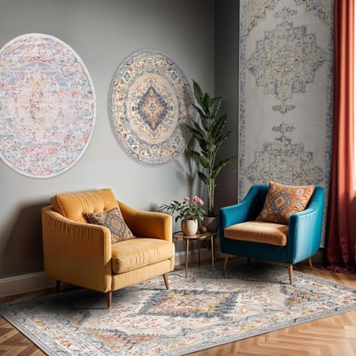 Livabliss Casablanca Vintage Teppich groß - Orientalischer Teppich Wohnzimmer 80x220 cm, Esszimmer, Schlafzimmer - Boho Kurzflor Teppiche für einfache Pflege - Taupe, Blau und Grau