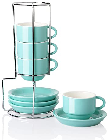 Sweejar Espressotassen aus Porzellan mit Untertassen, 70,9 ml, stapelbare Cappuccinotassen mit Metallständer für Kaffee, Getränke, Latte, Tee, 4er-Set (Türkis)