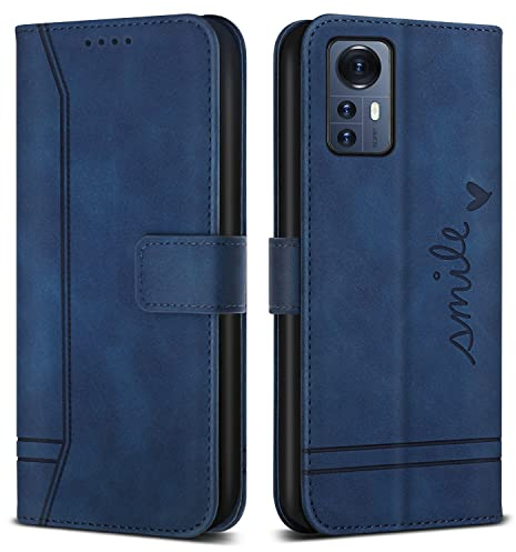 Bravoday Hülle für Xiaomi 12 Pro, PU Ledertasche Handyhülle Flip Schutzhülle Kompatibel mit Xiaomi 12 Pro, mit Kartenfäch & Kickstand, Blau